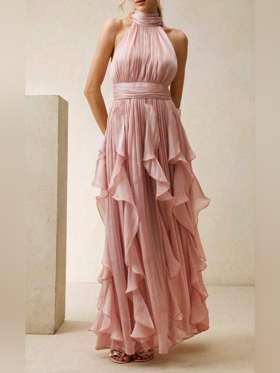 New Luxe Metallic Crinkle Halter Ruffle Maxi Dress Pink